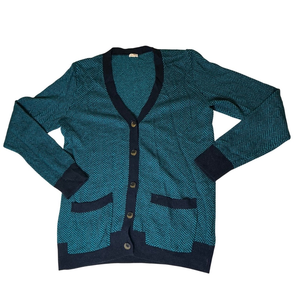 J.Crew Viscose Wool Alpaca Blend V-Neck Teal Navy Herringbone Cardigan Sweater M